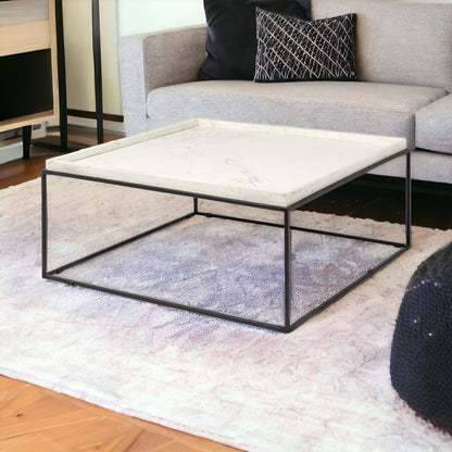 Table basse carrée en marbre véritable et métal blanc et noir de 36 po