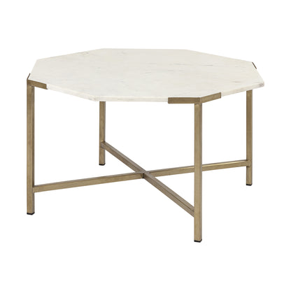 Table basse octogonale en marbre véritable et métal blanc et doré de 33 po