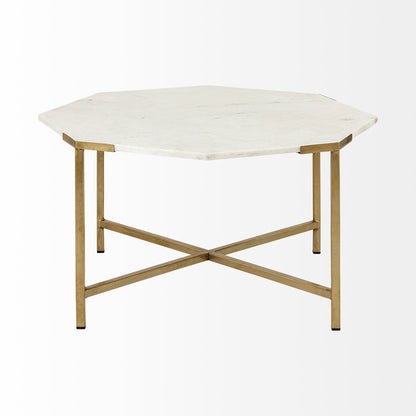 Table basse octogonale en marbre véritable et métal blanc et doré de 33 po