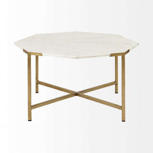 Table basse octogonale en marbre véritable et métal blanc et doré de 33 po