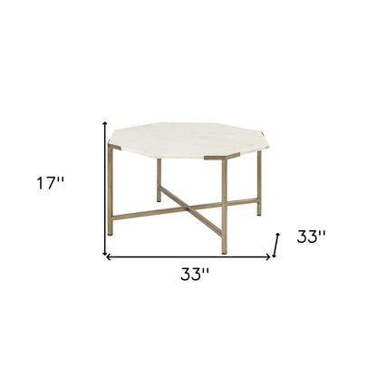 Table basse octogonale en marbre véritable et métal blanc et doré de 33 po