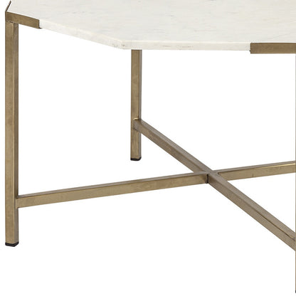 Table basse octogonale en marbre véritable et métal blanc et doré de 33 po