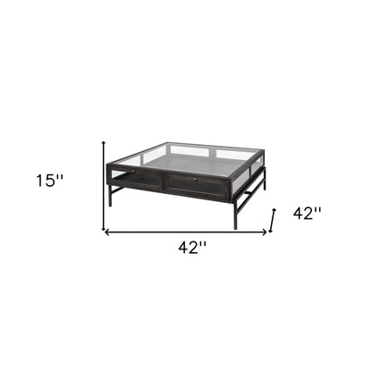 Table basse carrée noire et marron de 42 po avec deux tiroirs