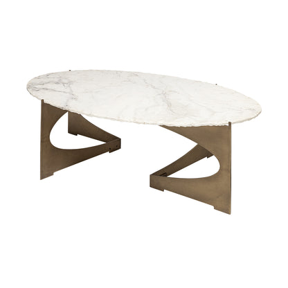 Table basse ovale en marbre véritable et métal blanc et doré de 30 po