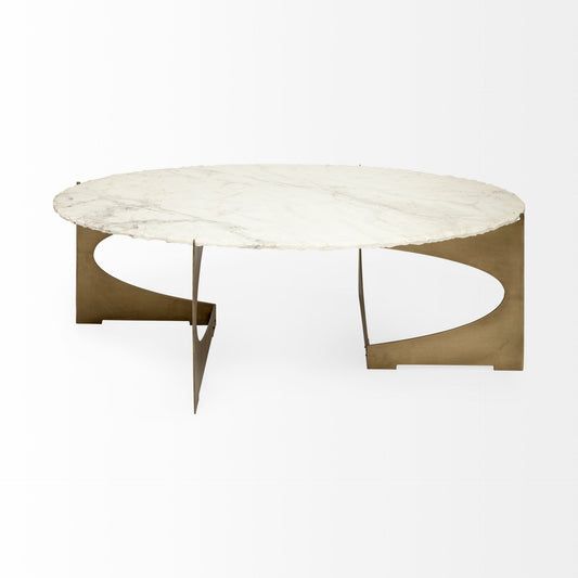 Table basse ovale en marbre véritable et métal blanc et doré de 30 po