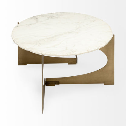 Table basse ovale en marbre véritable et métal blanc et doré de 30 po