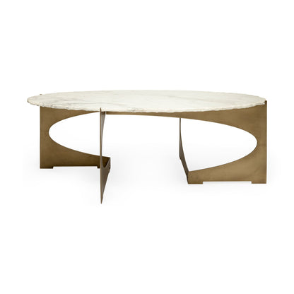 Table basse ovale en marbre véritable et métal blanc et doré de 30 po