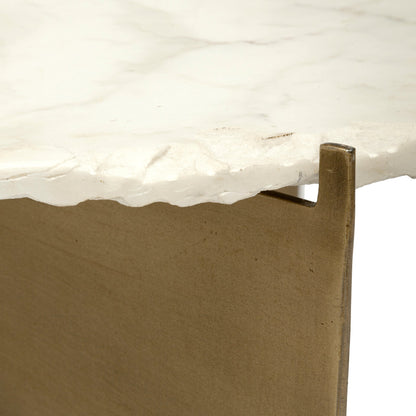 Table basse ovale en marbre véritable et métal blanc et doré de 30 po