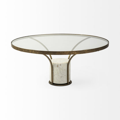 Table basse ronde en verre et pierre transparents, blancs et dorés de 36 po