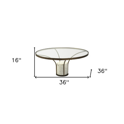 Table basse ronde en verre et pierre transparents, blancs et dorés de 36 po