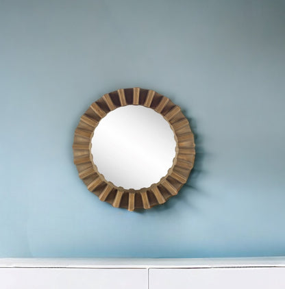 Miroir mural rond avec cadre en bois brun de 26 po