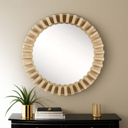 Miroir mural rond de 35 po avec cadre en bois brun naturel