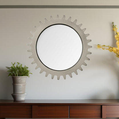 Miroir mural rond avec cadre en bois gris de 26 po