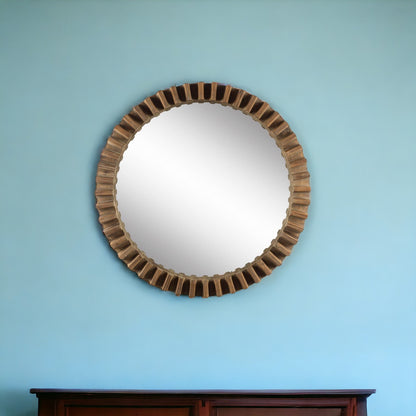 Miroir mural rond avec cadre en bois brun de 44 po