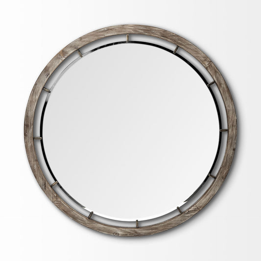 Miroir mural rond avec cadre en bois brun de 46 po