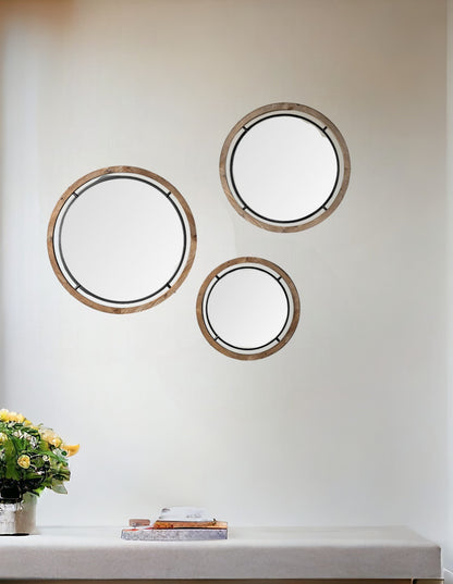 Miroir mural à double cadre en bois brun et métal noir de 24 po