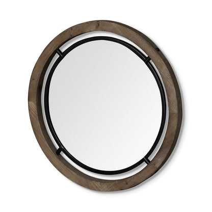 Miroir d'appoint rond encadré en bois brun et métal noir de 28 po