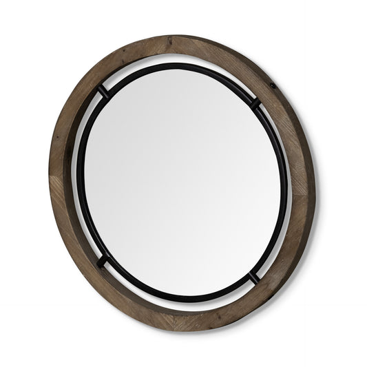 Miroir d'appoint rond encadré en bois brun et métal noir de 28 po