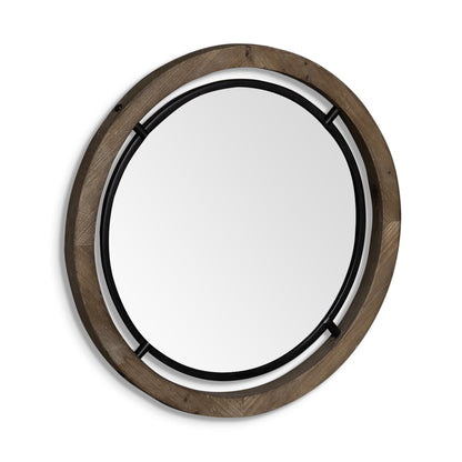 Miroir d'appoint rond encadré en bois brun et métal noir de 28 po