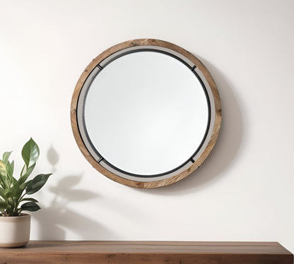 Miroir d'appoint rond encadré en bois brun et métal noir de 28 po