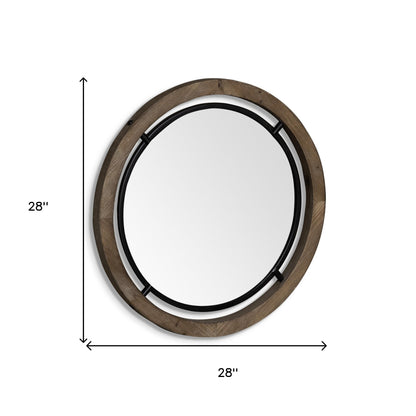 Miroir d'appoint rond encadré en bois brun et métal noir de 28 po