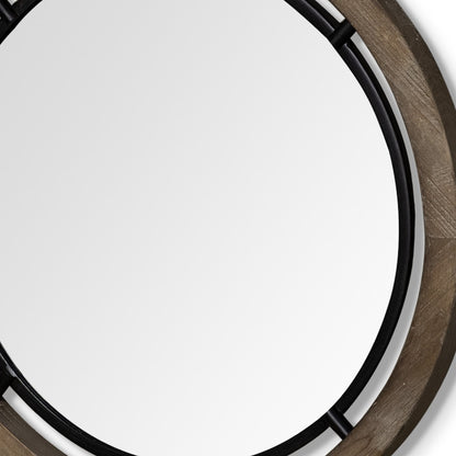 Miroir d'appoint rond encadré en bois brun et métal noir de 28 po