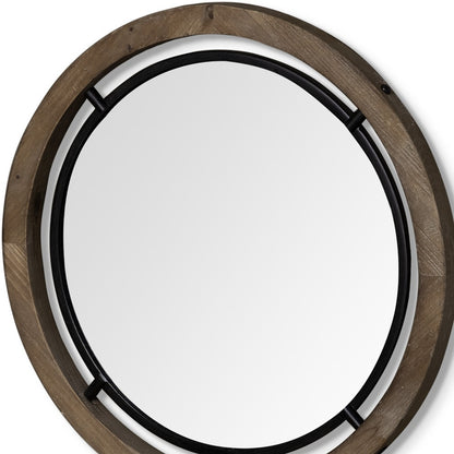 Miroir d'appoint rond encadré en bois brun et métal noir de 28 po