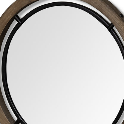 Miroir d'appoint rond encadré en bois brun et métal noir de 28 po