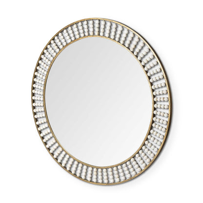 Miroir mural rond en métal doré de 42 po avec perles en bois blanc