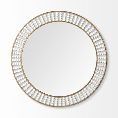 Miroir mural rond en métal doré de 42 po avec perles en bois blanc