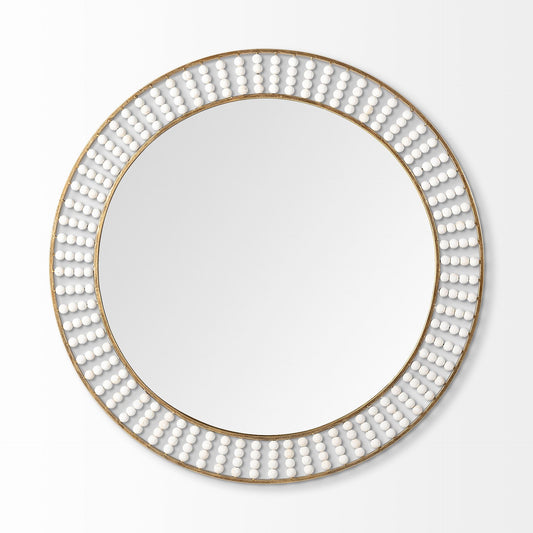 Miroir mural rond en métal doré de 42 po avec perles en bois blanc