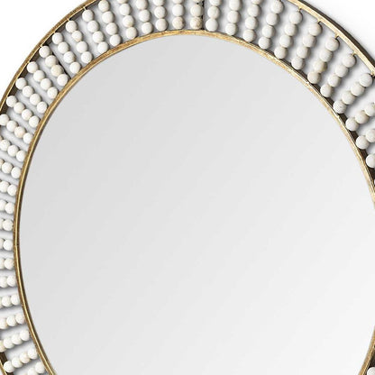 Miroir mural rond en métal doré de 42 po avec perles en bois blanc