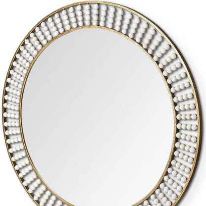 Miroir mural rond en métal doré de 42 po avec perles en bois blanc