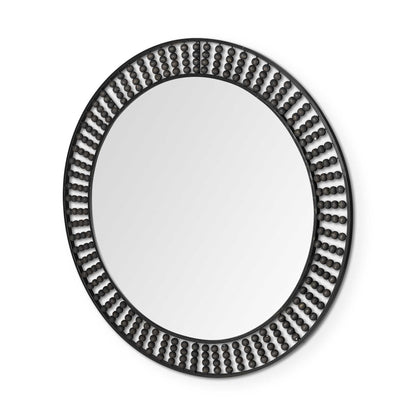 Miroir mural rond en métal noir de 42 po avec perles en bois