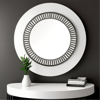 Miroir mural rond en métal noir de 42 po avec perles en bois