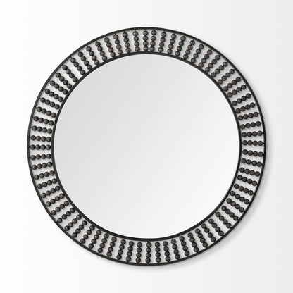 Miroir mural rond en métal noir de 42 po avec perles en bois