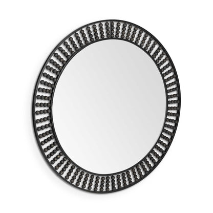 Miroir mural rond en métal noir de 42 po avec perles en bois