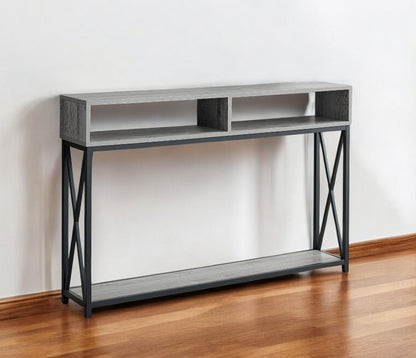 47" Gray and Black Frame Console Table With Shelves