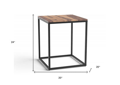 Table d'appoint carrée en bois massif et fer noir et brun de 24 po