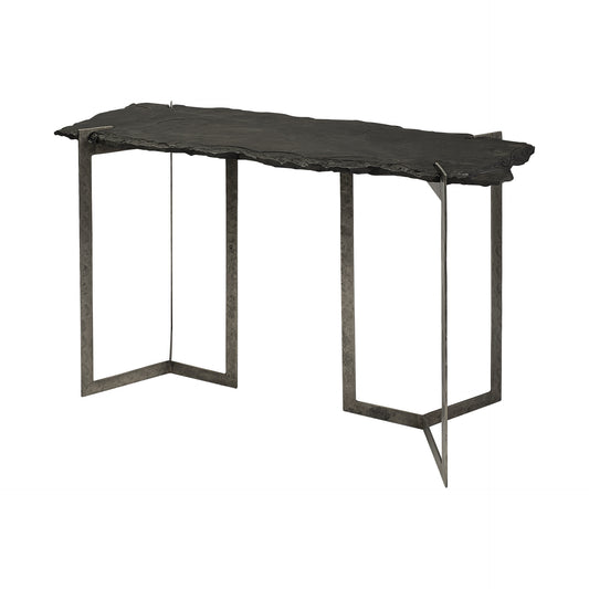 20" Black and Nickel Slate Distressed Double Pedestal Console Table