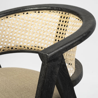 Chaise de salle à manger à dossier ouvert en lin rembourré gris et noir