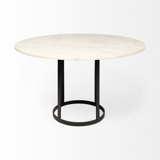 48" White And Black Rounded Marble And Metal Pedestal Base Dining Table