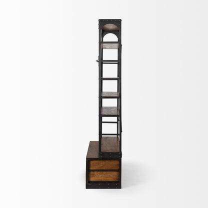 94" Brown And Black Metal and Wood Four Tier Library Bookcase With Ladder