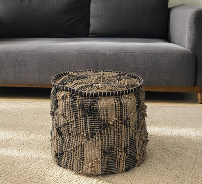 20" Natural And Black Geometric Cylindrical Jute Ottoman