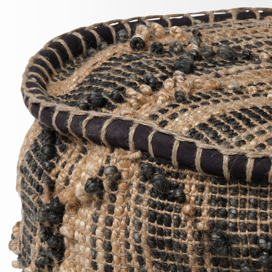 Pouf cylindrique géométrique en jute naturel et noir de 20 po