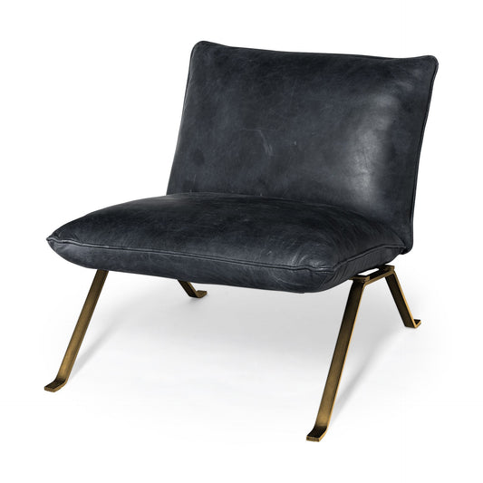 Fauteuil de 34 po en cuir pleine fleur noir et laiton vieilli