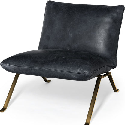 Fauteuil de 34 po en cuir pleine fleur noir et laiton vieilli