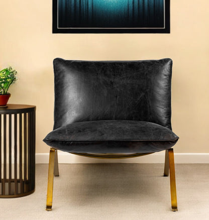 Fauteuil de 34 po en cuir pleine fleur noir et laiton vieilli