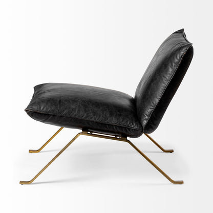 Fauteuil de 34 po en cuir pleine fleur noir et laiton vieilli