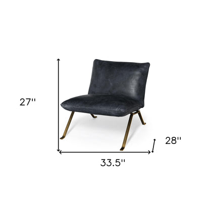 Fauteuil de 34 po en cuir pleine fleur noir et laiton vieilli